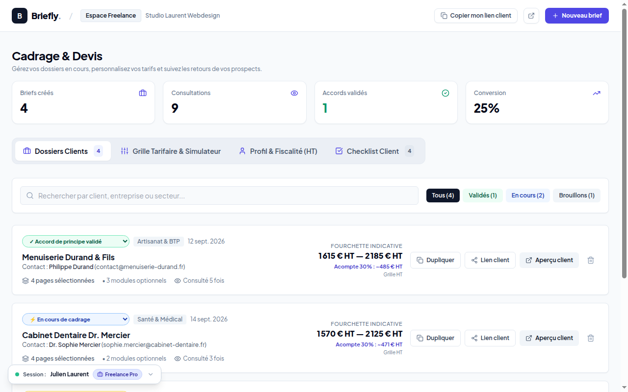 Briefly - Dashboard de cadrage client et devis dynamique
