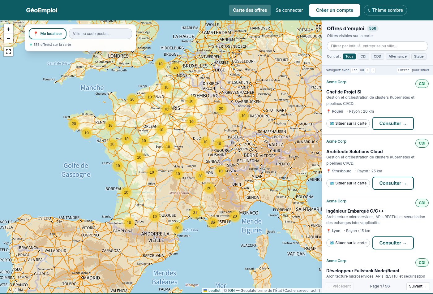 GéoEmploi - Carte interactive des offres d'emploi avec Géoplateforme IGN